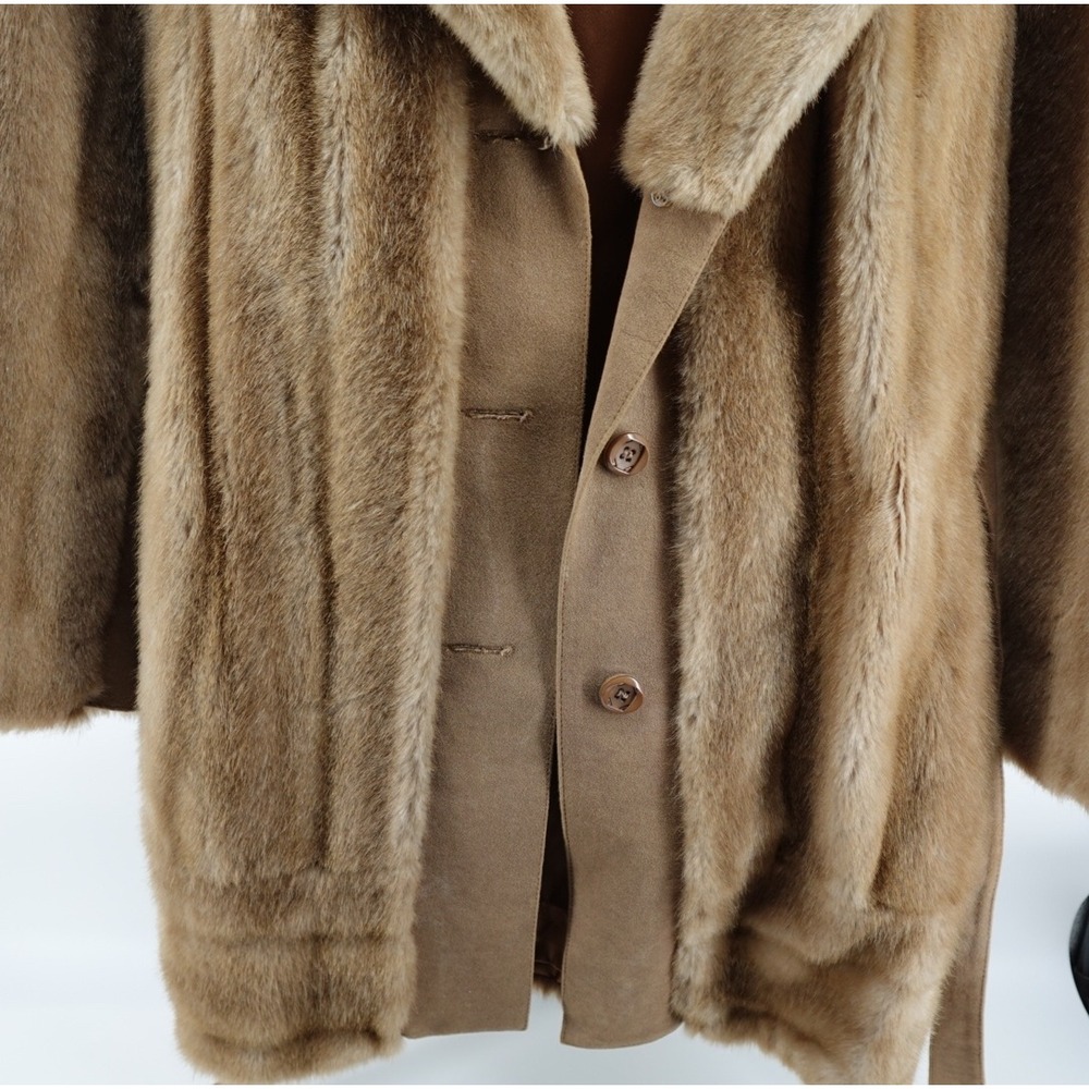 Vintage Furrage Tissavel France Faux Fur Coat Brown Belted Mid Length Jacket - Picture 2 of 8